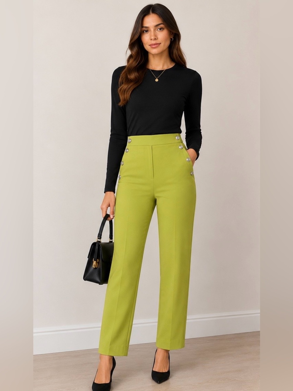 margot Lime Green High-Waist Straight-Leg Trousers with Side Buttons